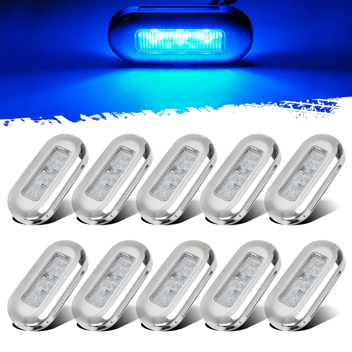 Partsam 10Pcs 3" Marine Boat Flush Mount Clear Lens Blue LED Oblong Courtesy Light with High Polished Stainless Steel Bezel Sealed 12V DC