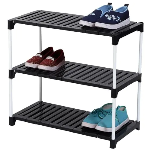 Portable Shoe Rack Organizer - Metal Rod & Plastic Shelves | Adjustable & Space-Saving Stand | Multipurpose Storage for Shoes, Books, Clothes, Kitchen, Bathroom, (3 Steps, Black)