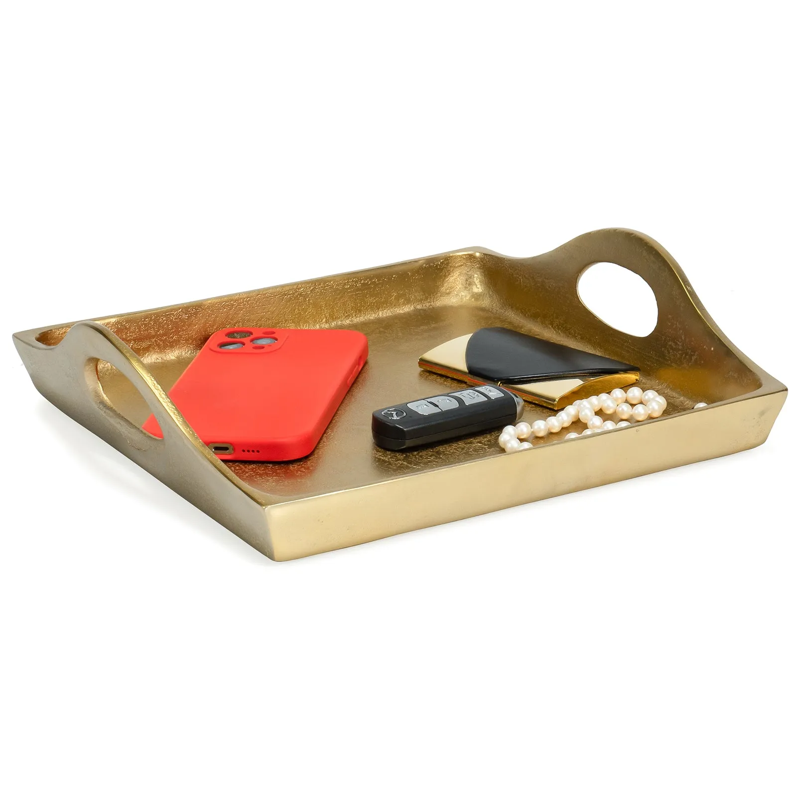 Red Co. 11 inch Square Textured Aluminum Decorative Bar/Vanity/Serving Tray with Handles, Gold