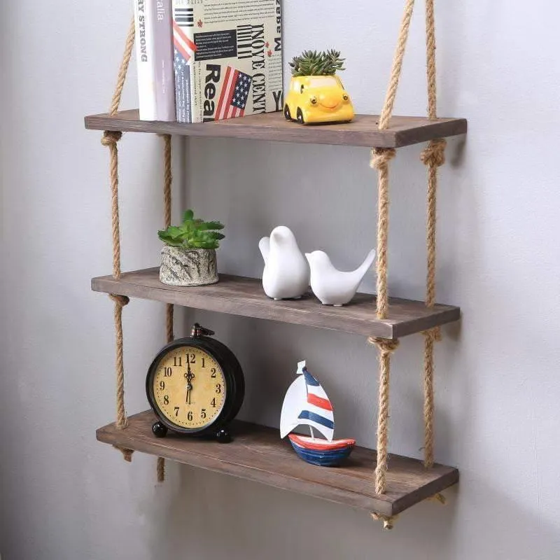 Rustic Solid Wood Rope Wall Shelf in Dark