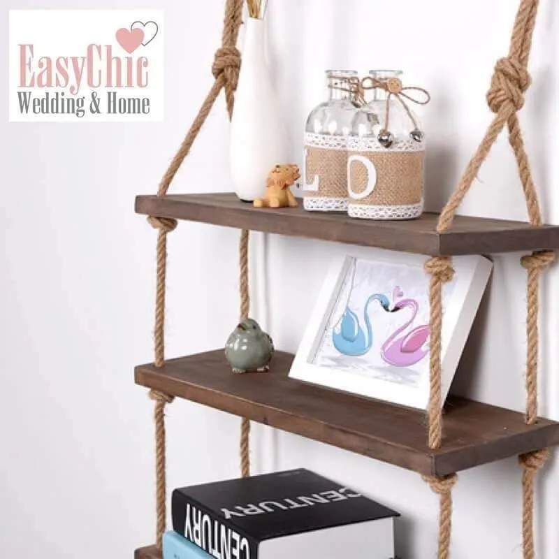 Rustic Solid Wood Rope Wall Shelf in Dark