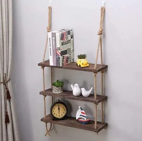 Rustic Solid Wood Rope Wall Shelf in Dark