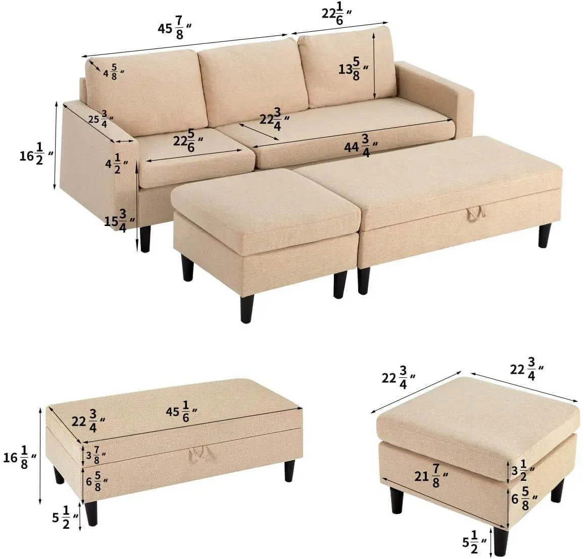 Sectional Sofa with Ottoman and Chaise Lounge, 3-Seat Living Room Furniture Sets, L-Shape Couch Sofa for Living Room, Light Beige