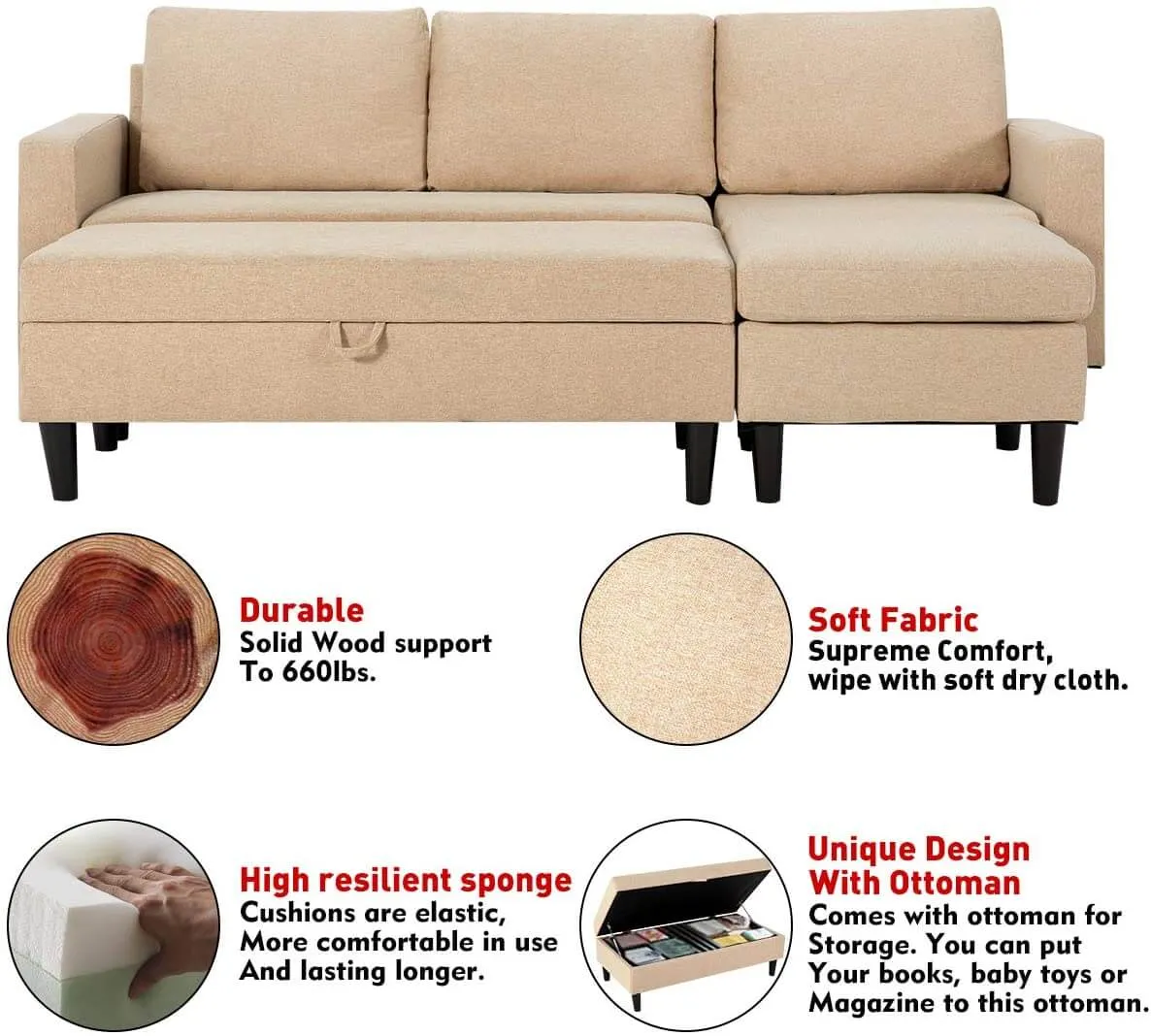 Sectional Sofa with Ottoman and Chaise Lounge, 3-Seat Living Room Furniture Sets, L-Shape Couch Sofa for Living Room, Light Beige