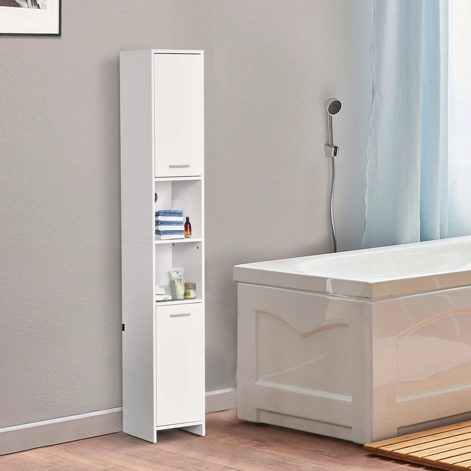 Slim Bathroom Tall Cabinet, High Floor Cabinet Unit for Bathroom, Freestanding Storage Cabinet with 2 Doors and Adjustable Shelves, White