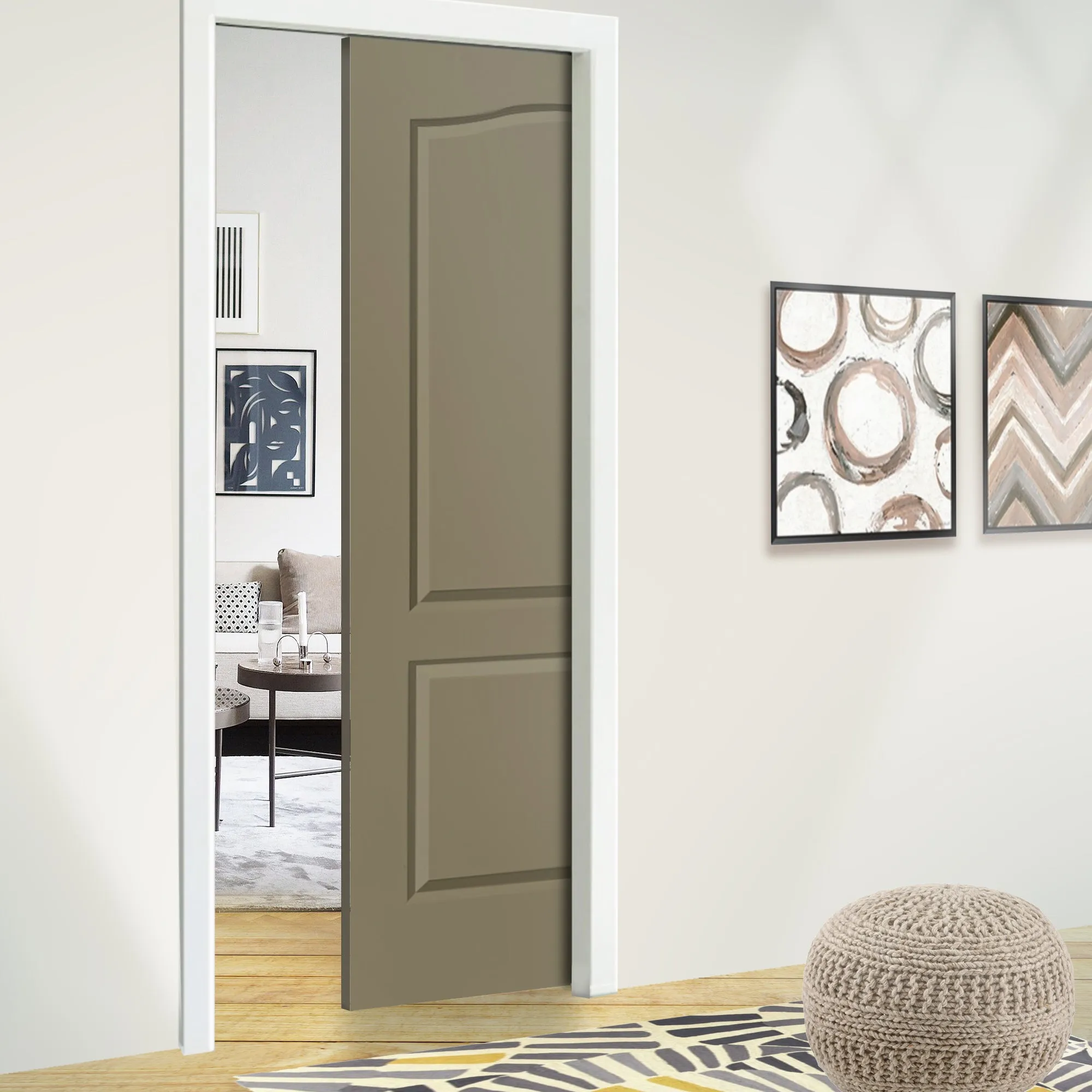 Stained Composite MDF 2 Panel Arch Top Interior Pocket Door