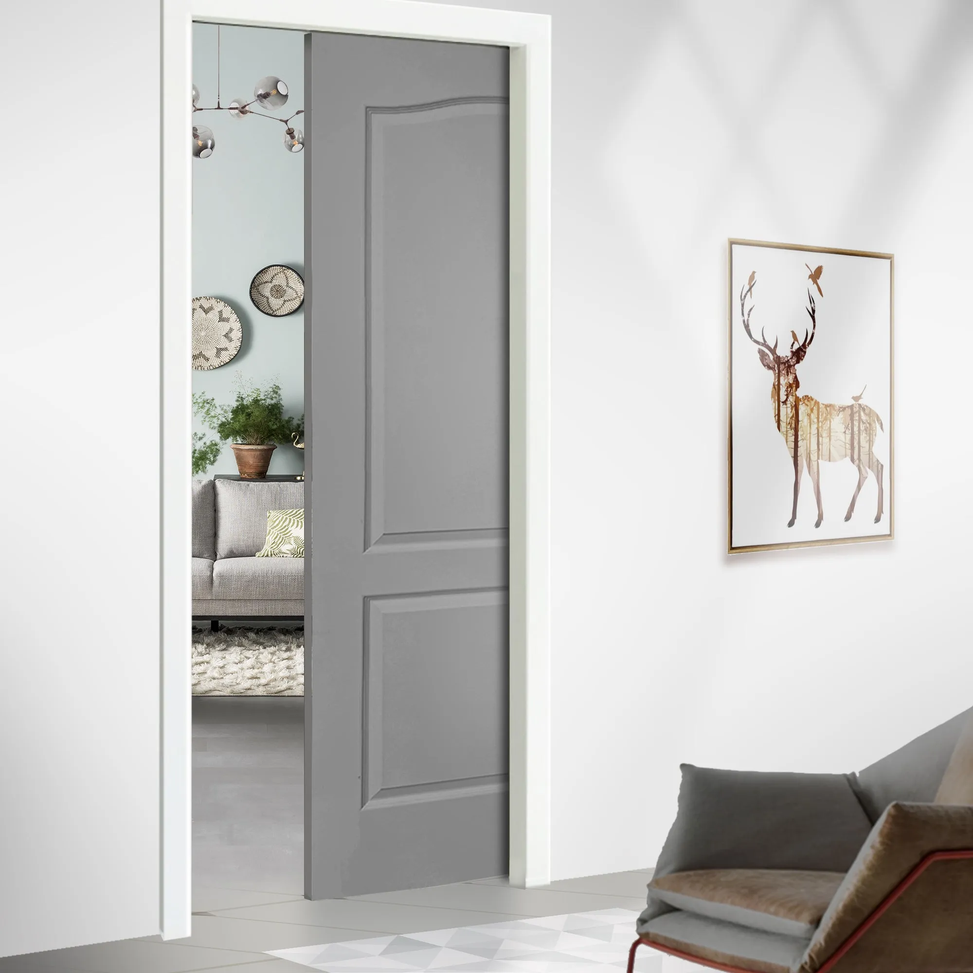 Stained Composite MDF 2 Panel Arch Top Interior Pocket Door