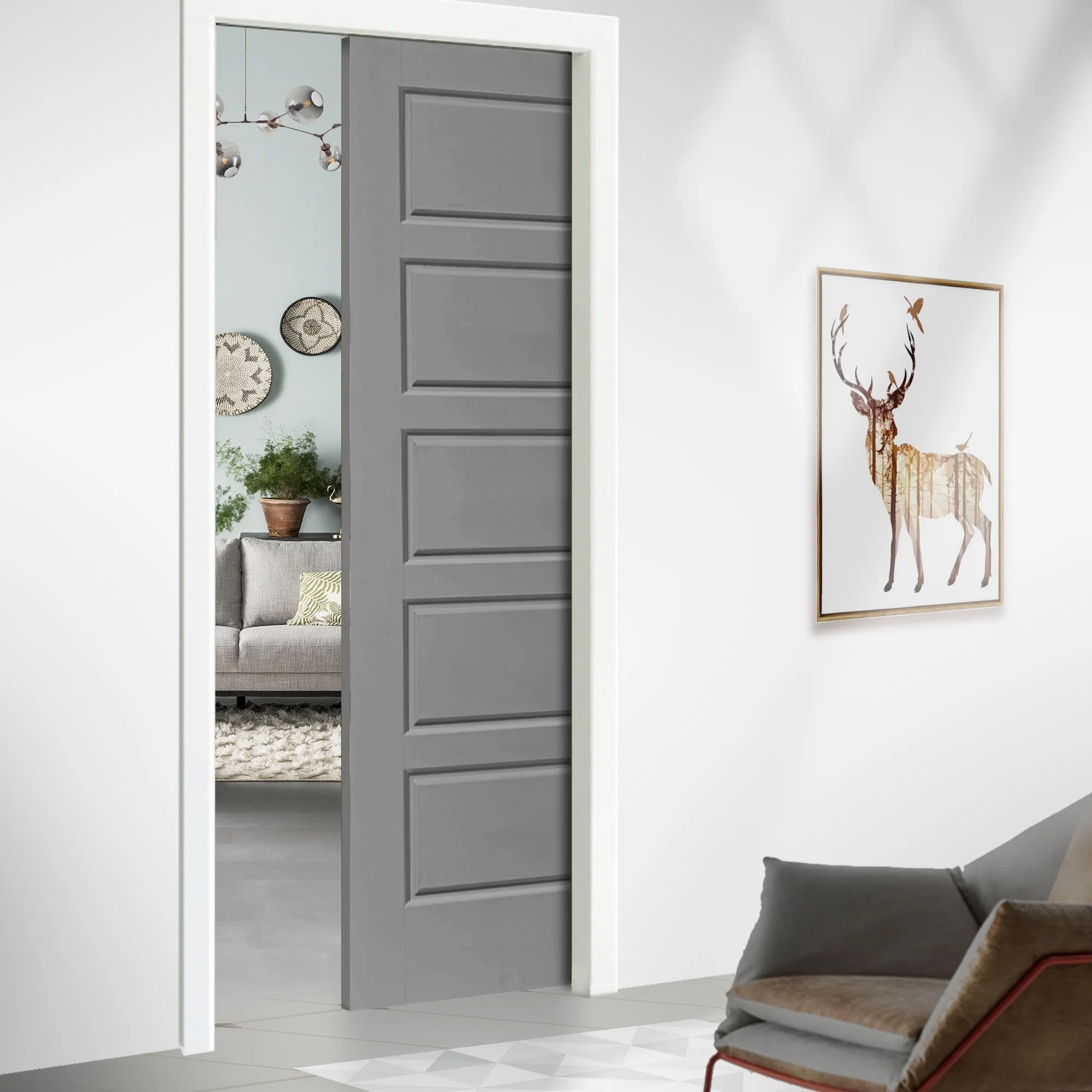 Stained Composite MDF 5 Panel Interior Door Slab For Pocket Door