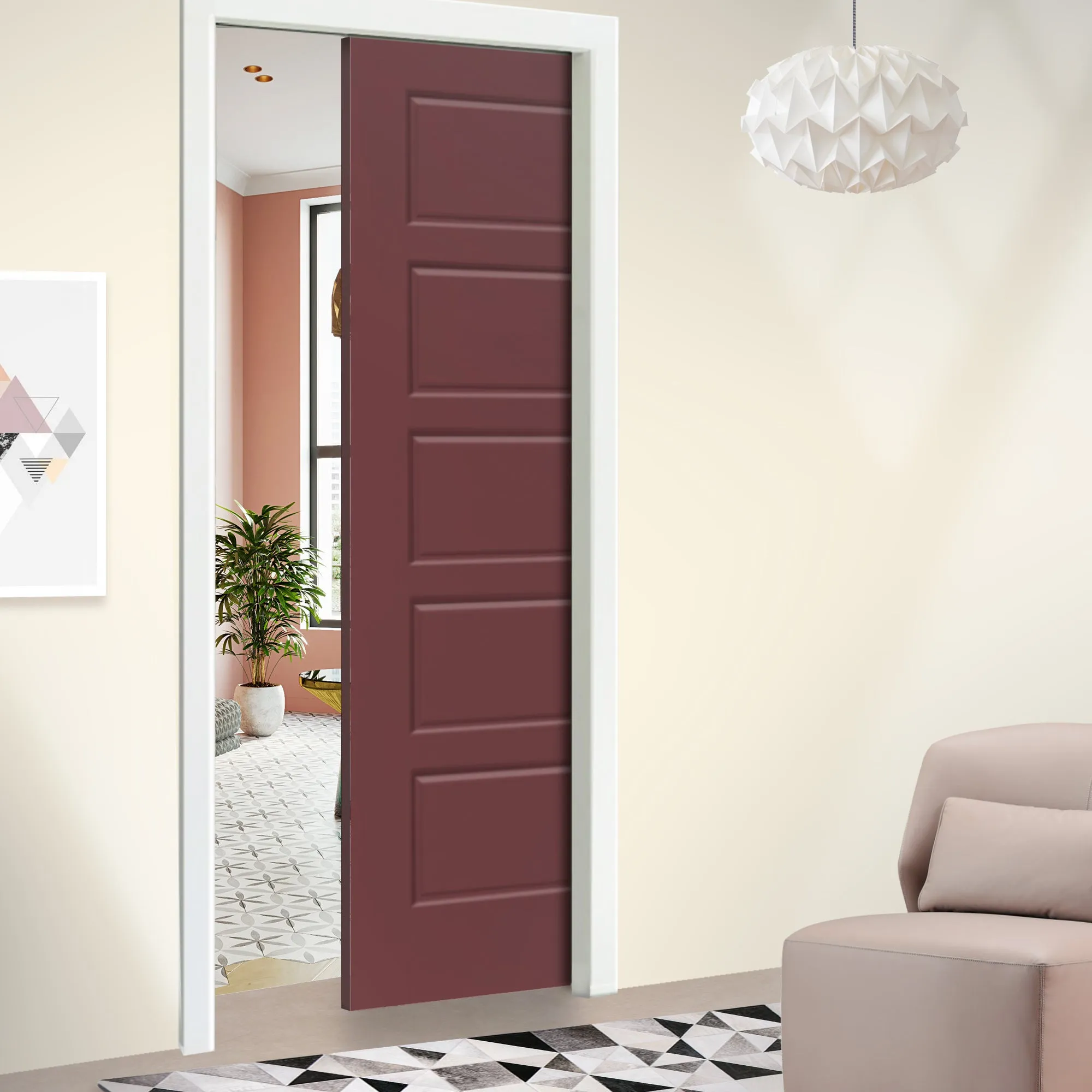 Stained Composite MDF 5 Panel Interior Door Slab For Pocket Door