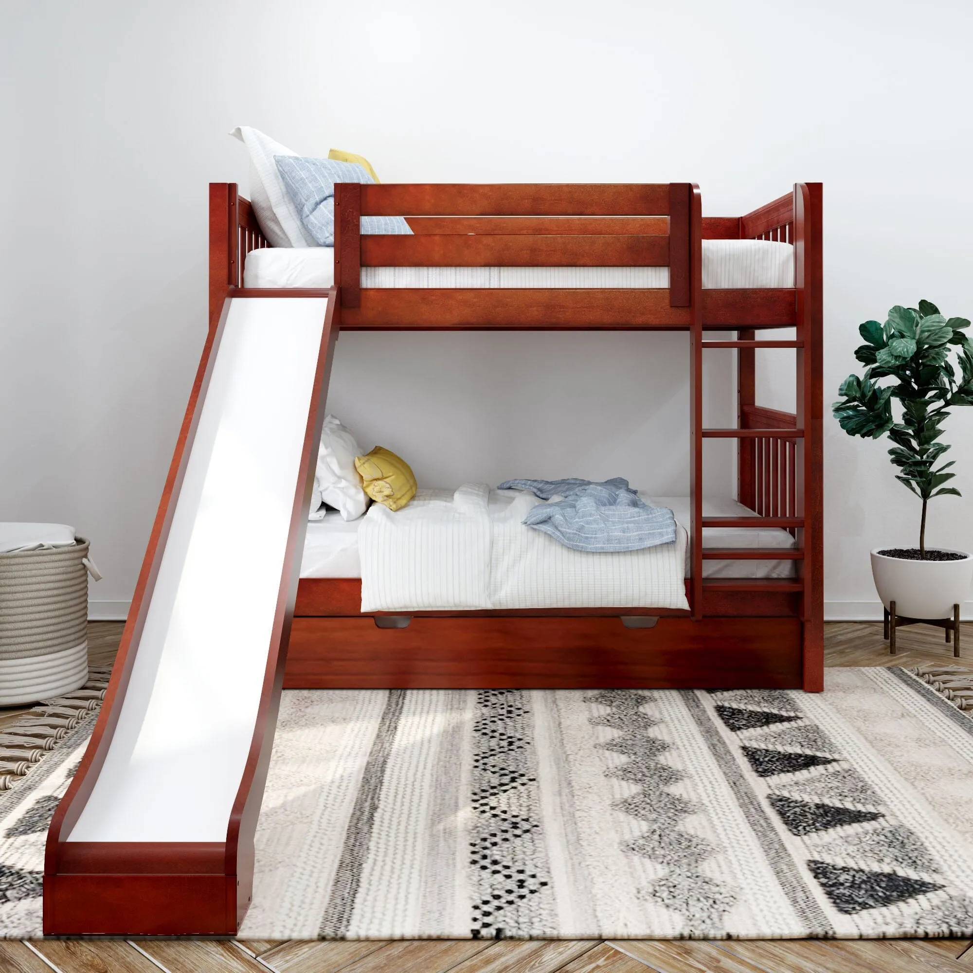 Twin Medium Bunk Bed with Slide and Trundle Bed