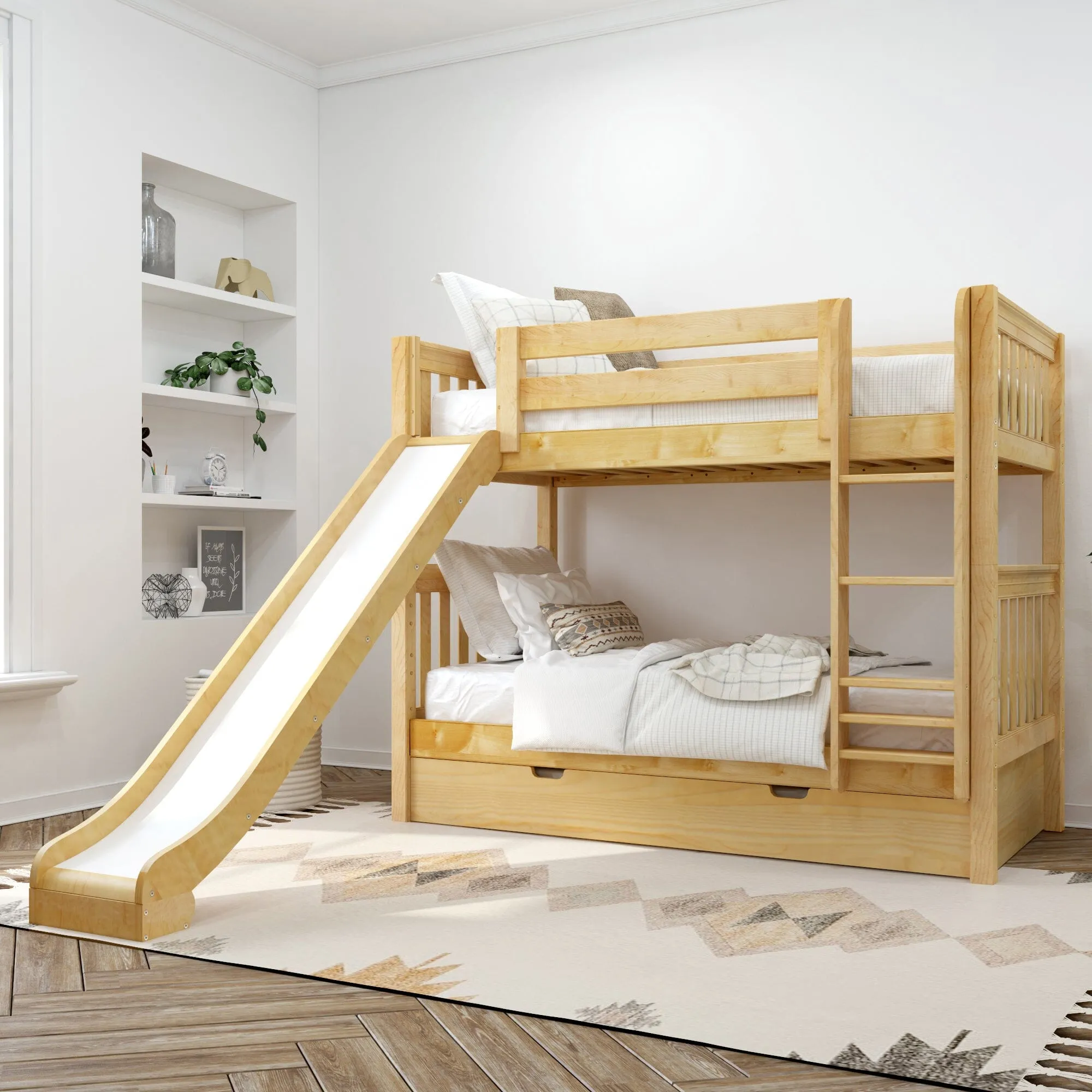 Twin Medium Bunk Bed with Slide and Trundle Bed