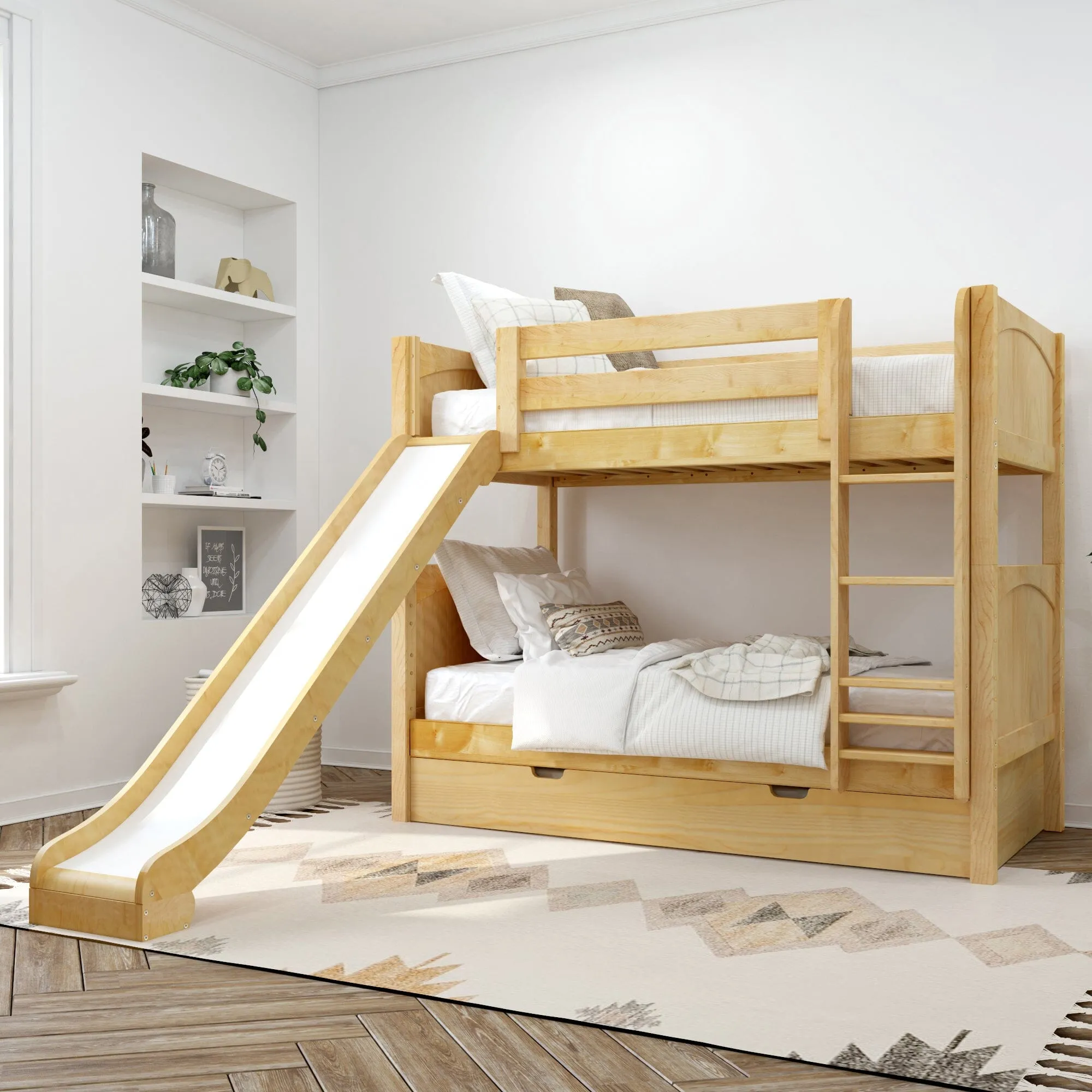 Twin Medium Bunk Bed with Slide and Trundle Bed