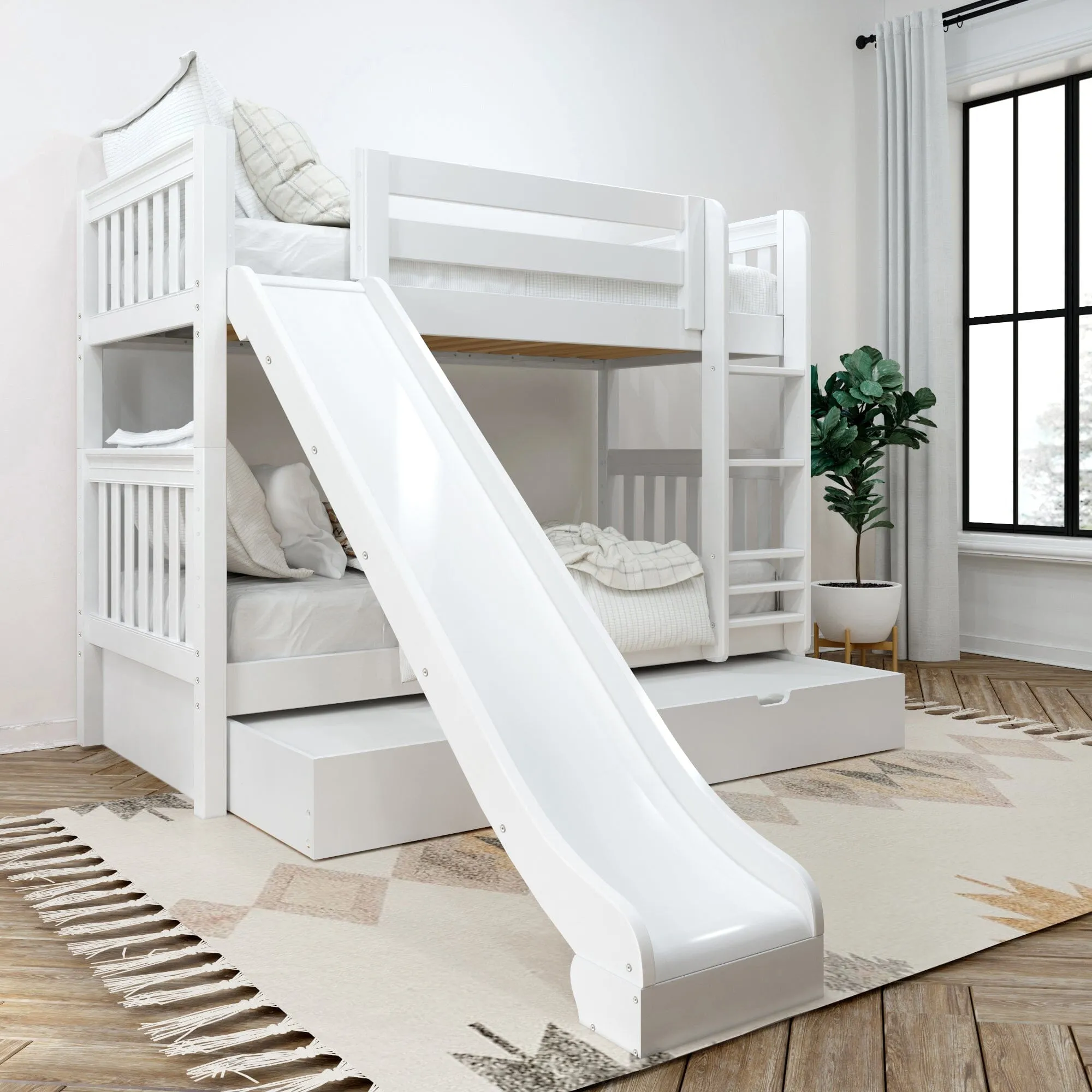 Twin Medium Bunk Bed with Slide and Trundle Bed