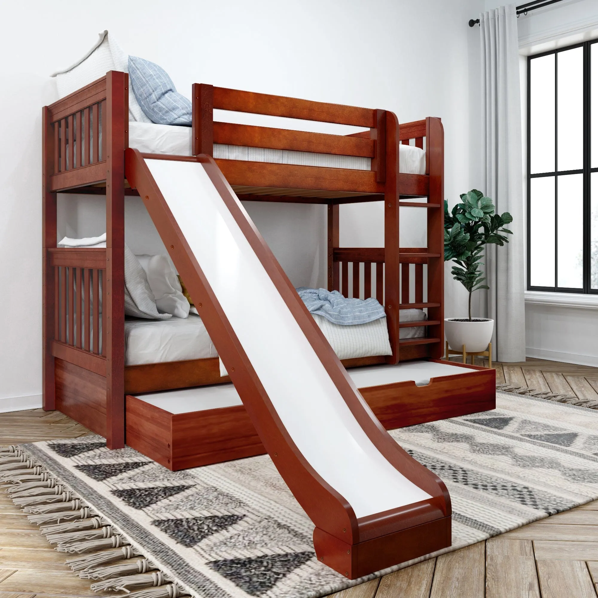 Twin Medium Bunk Bed with Slide and Trundle Bed