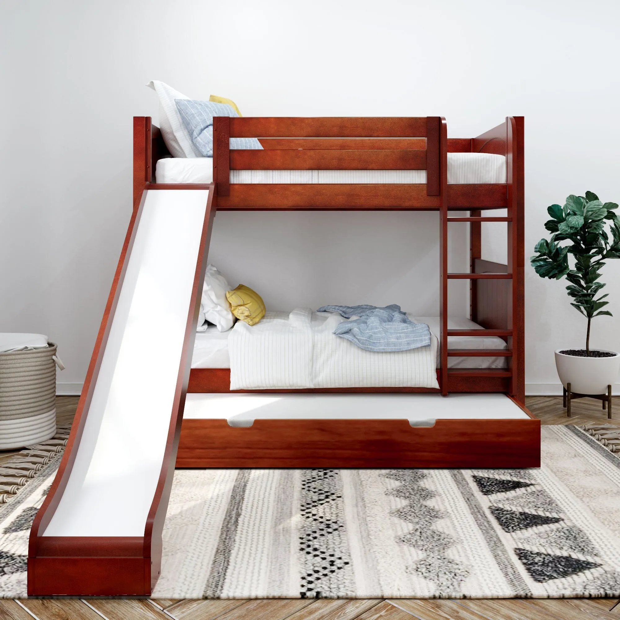 Twin Medium Bunk Bed with Slide and Trundle Bed