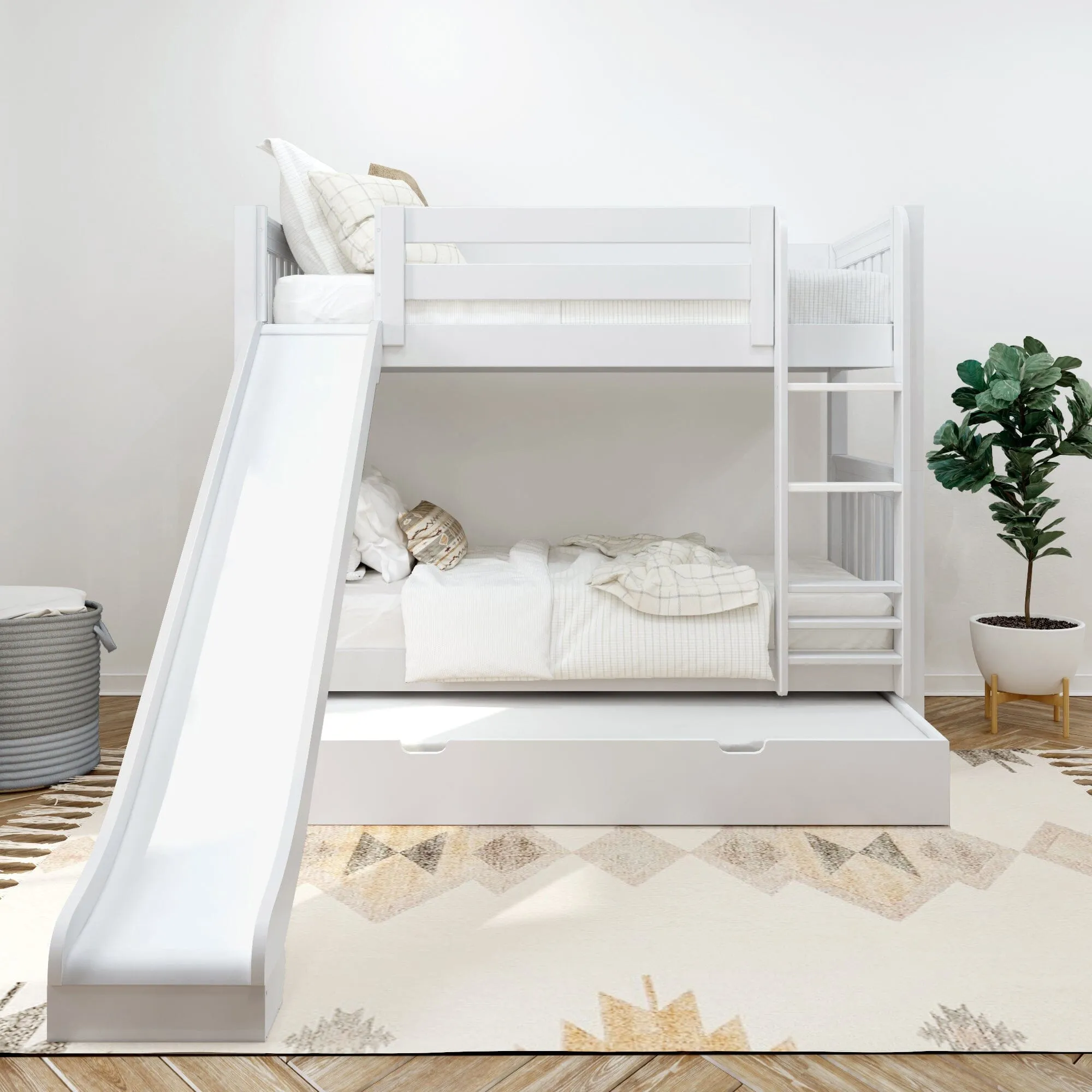 Twin Medium Bunk Bed with Slide and Trundle Bed