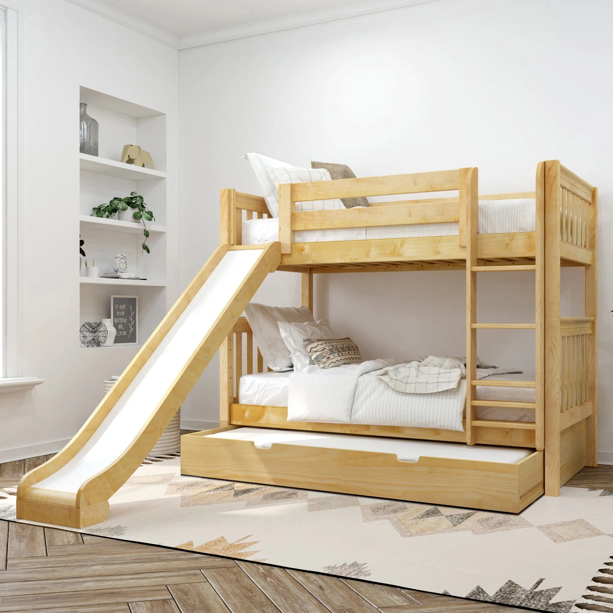 Twin Medium Bunk Bed with Slide and Trundle Bed