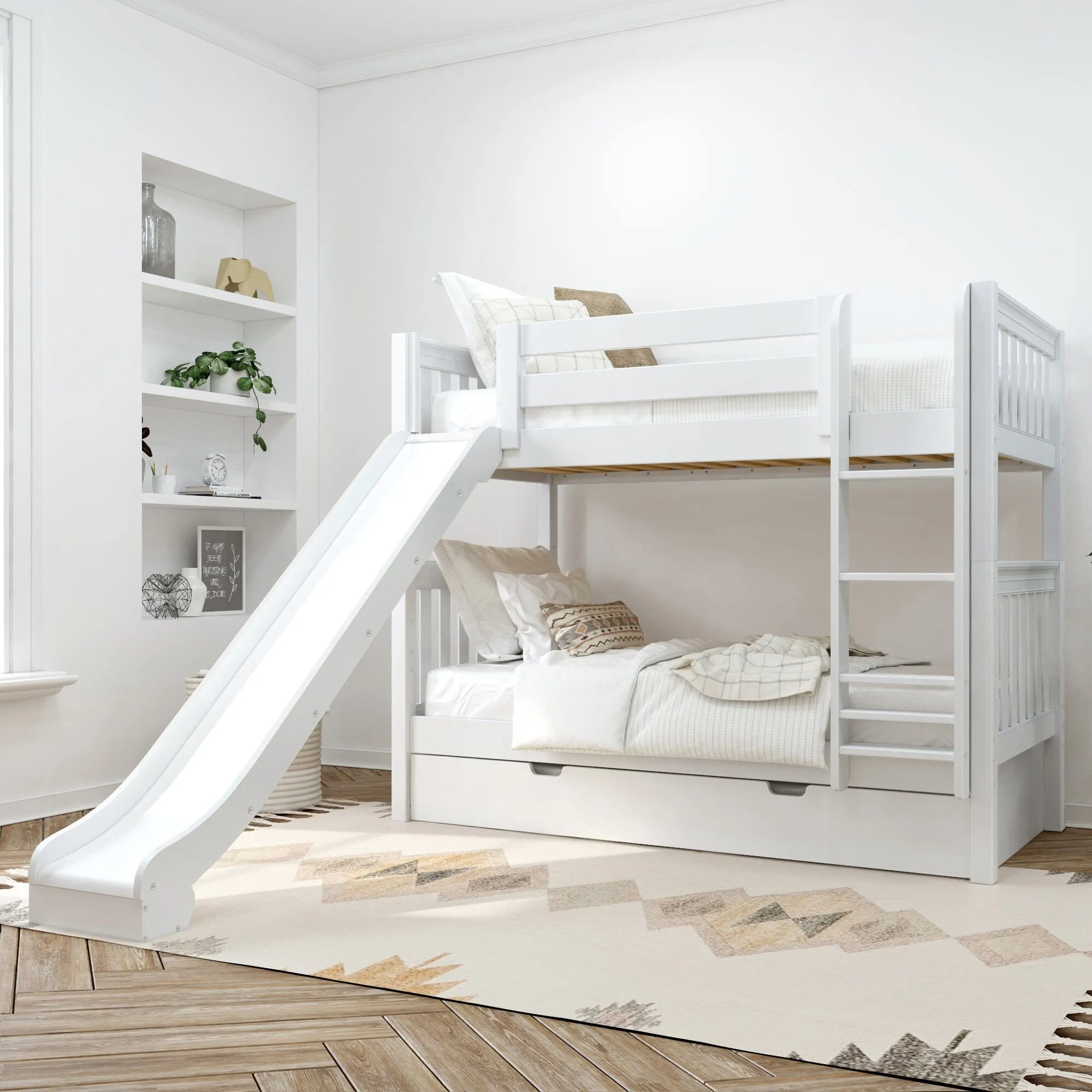 Twin Medium Bunk Bed with Slide and Trundle Bed