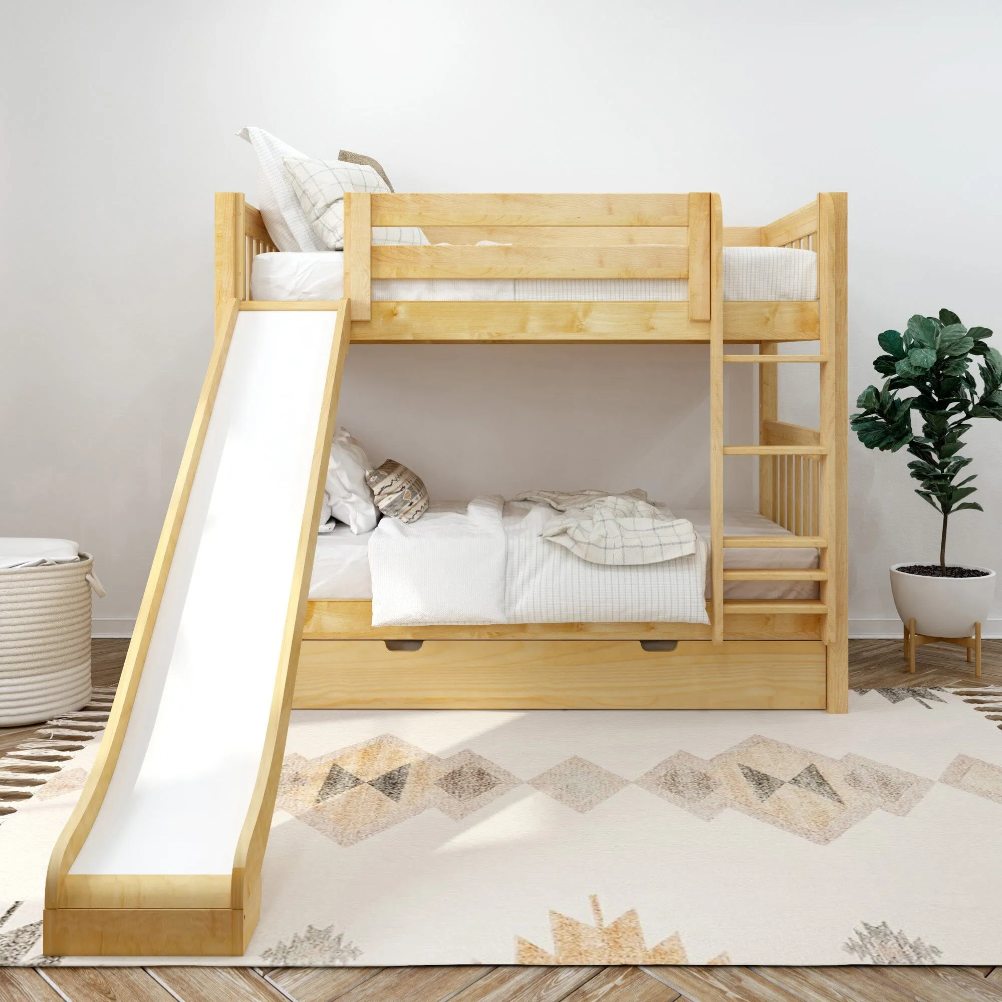 Twin Medium Bunk Bed with Slide and Trundle Bed