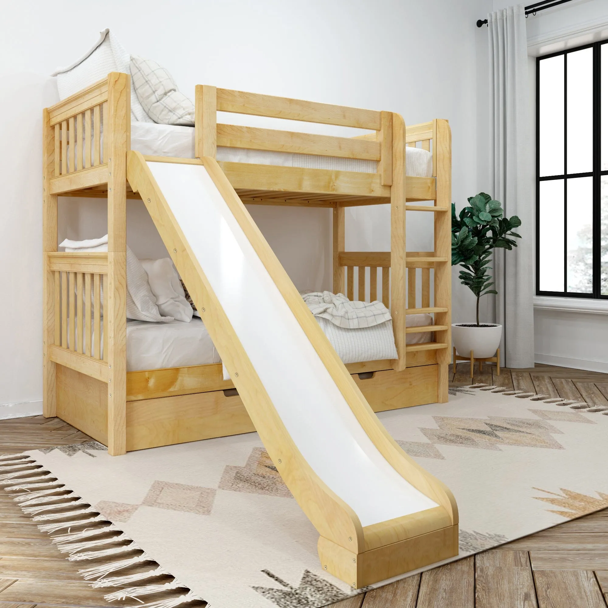 Twin Medium Bunk Bed with Slide and Trundle Bed