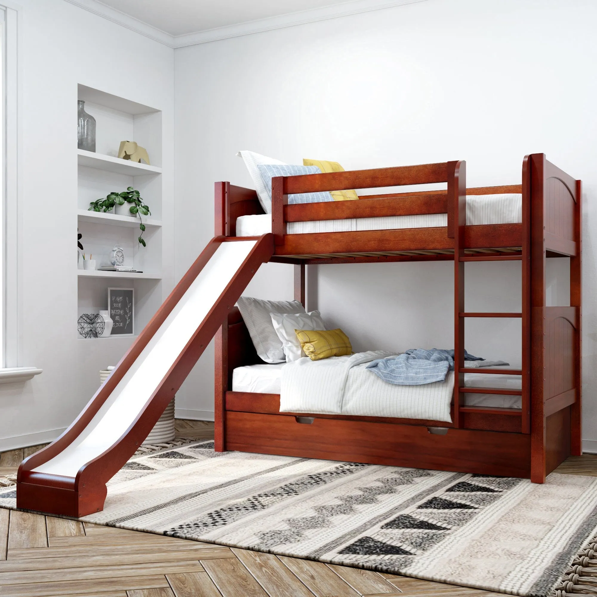 Twin Medium Bunk Bed with Slide and Trundle Bed