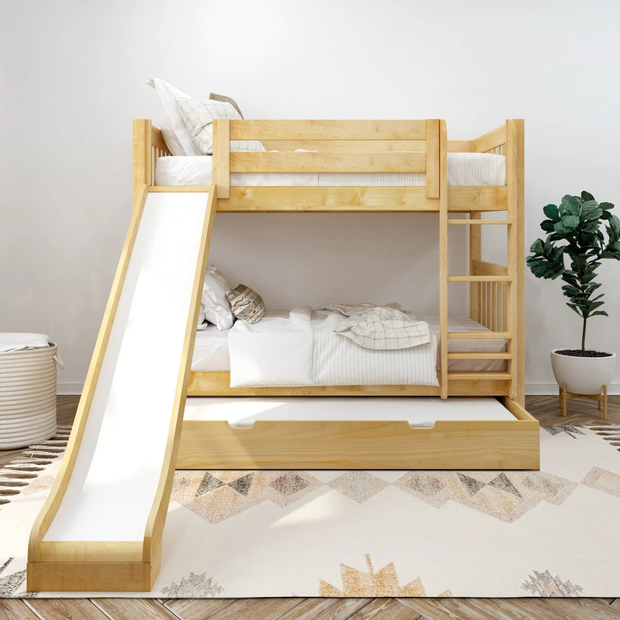 Twin Medium Bunk Bed with Slide and Trundle Bed