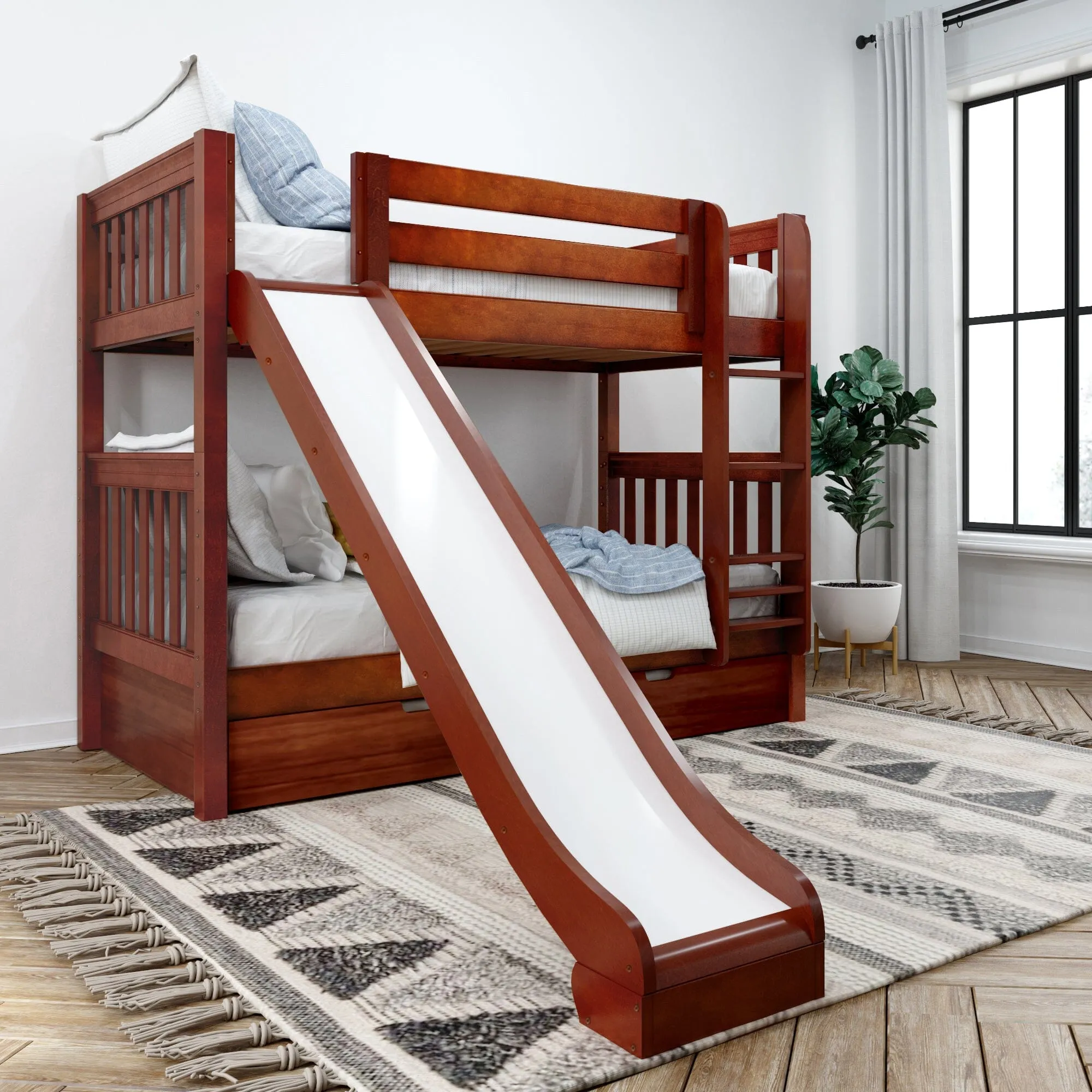 Twin Medium Bunk Bed with Slide and Trundle Bed