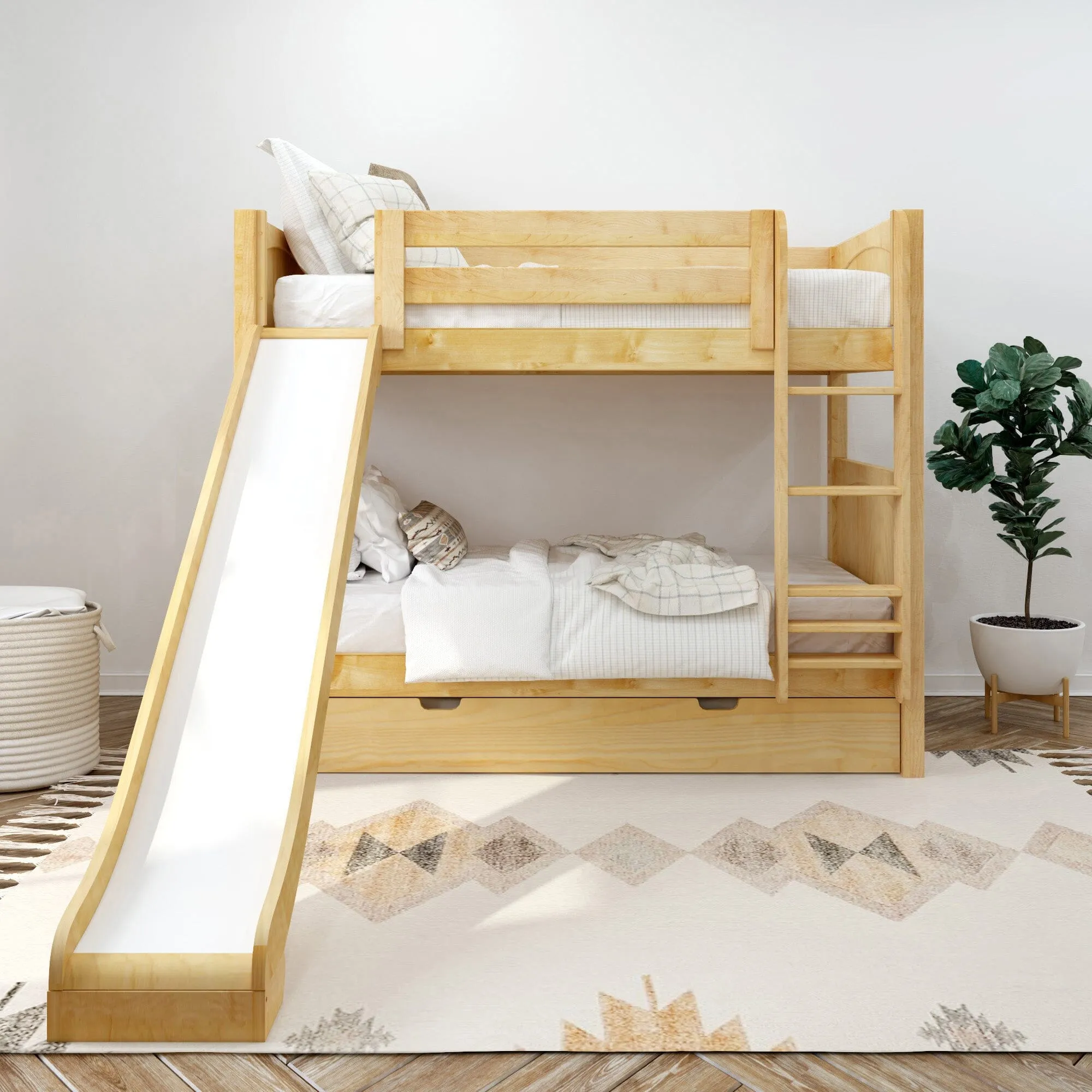 Twin Medium Bunk Bed with Slide and Trundle Bed