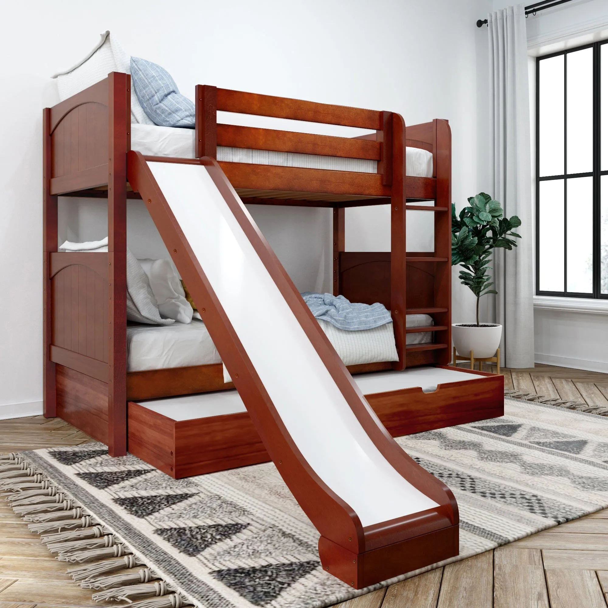 Twin Medium Bunk Bed with Slide and Trundle Bed