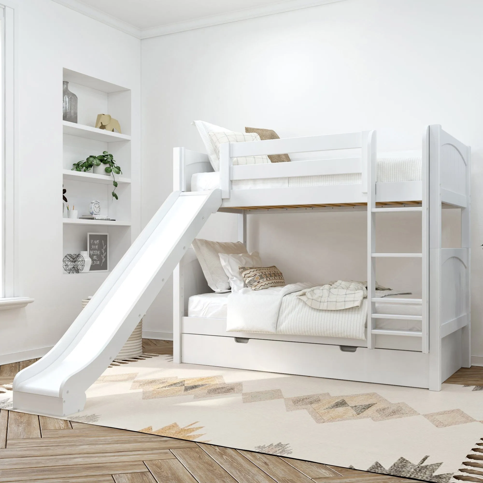 Twin Medium Bunk Bed with Slide and Trundle Bed