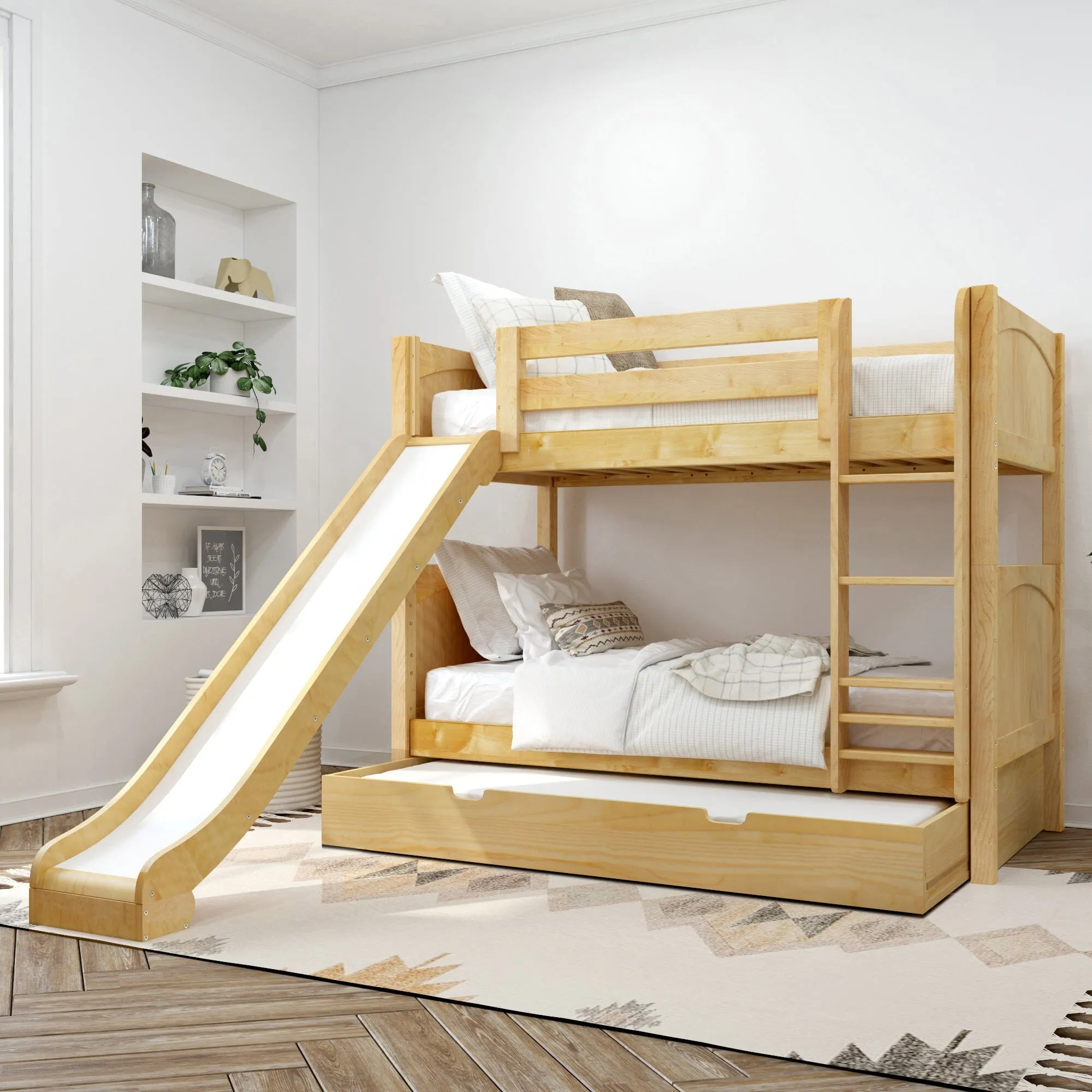 Twin Medium Bunk Bed with Slide and Trundle Bed