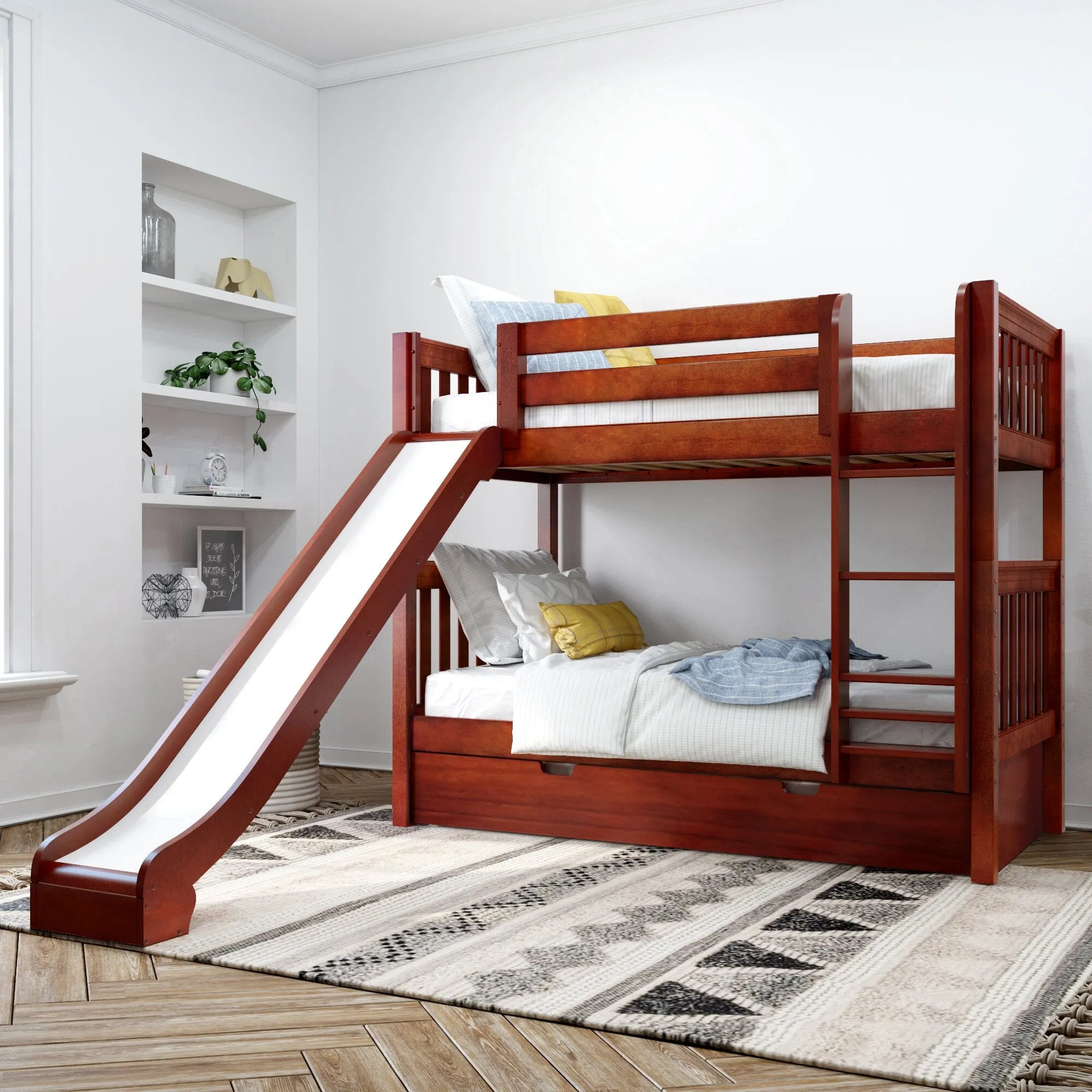 Twin Medium Bunk Bed with Slide and Trundle Bed