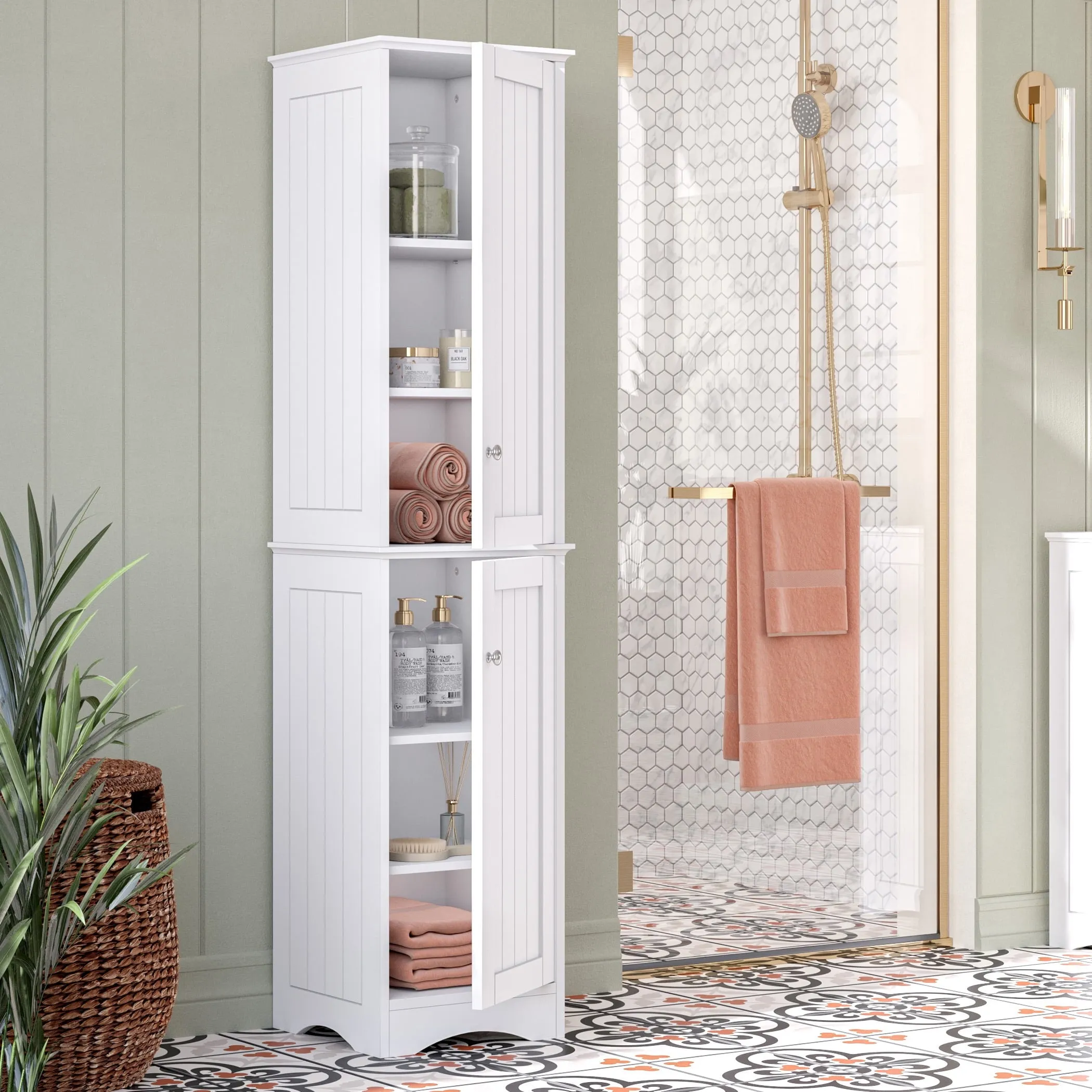 versatile Ashland Two-Door Tall Bathroom Storage Cabinet and Linen Organizer with Adjustable Shelves - White