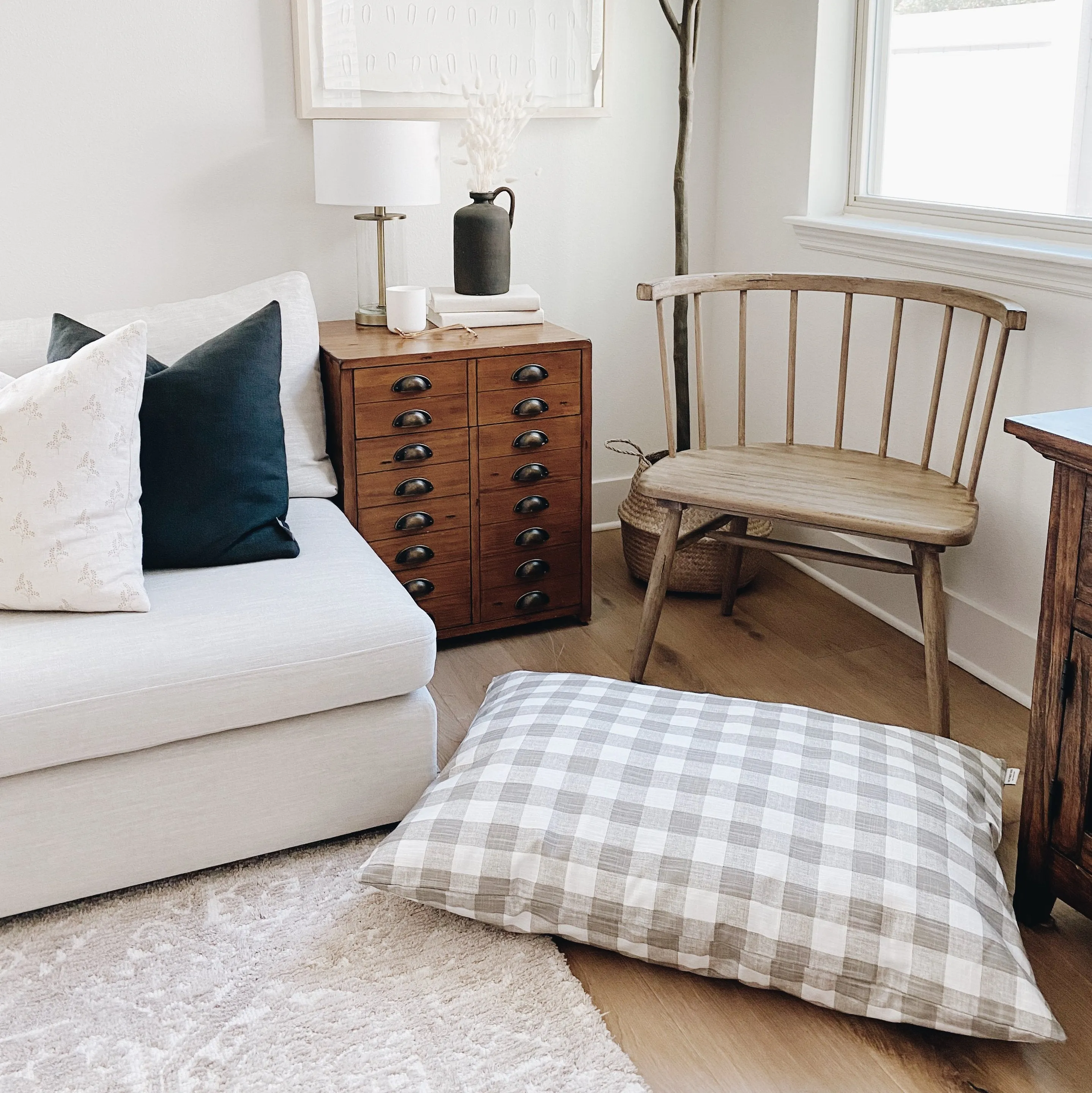 Warm Stone Gingham Check Dog Bed