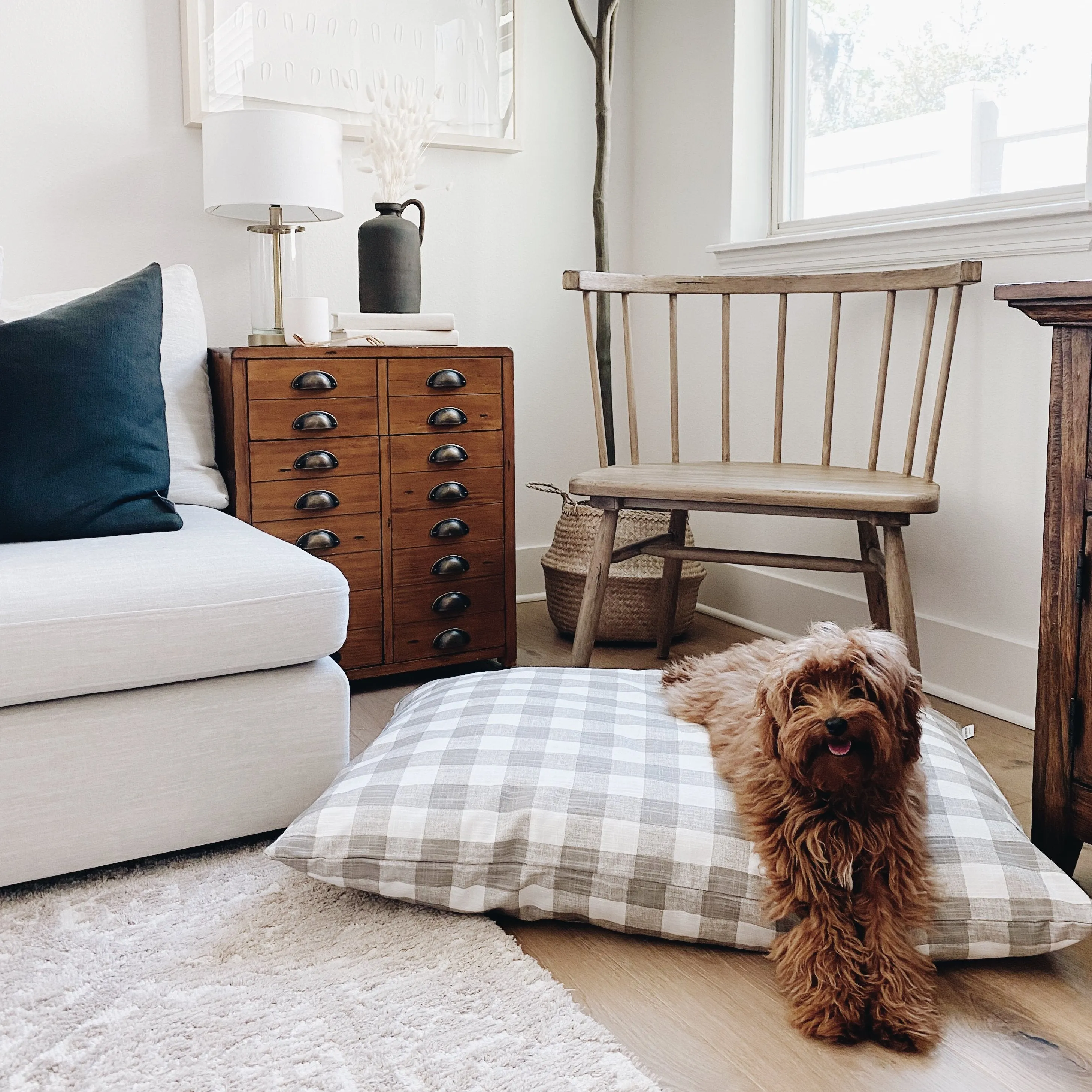 Warm Stone Gingham Check Dog Bed