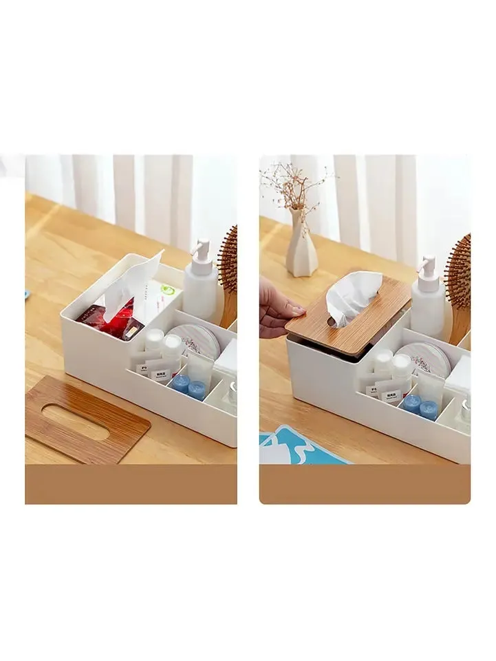 WOODEN TISSUE BOX WITH SHELVES