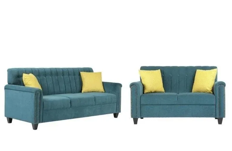 Wooden Twist Contemporary Style Sofa Set In Blue Color