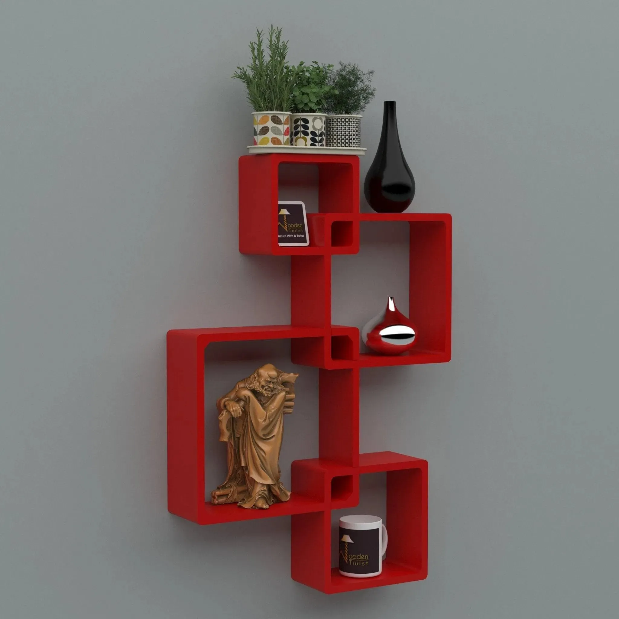 Wooden Twist Rafuf Intersecting Floating Wall Shelves with 4 Shelves