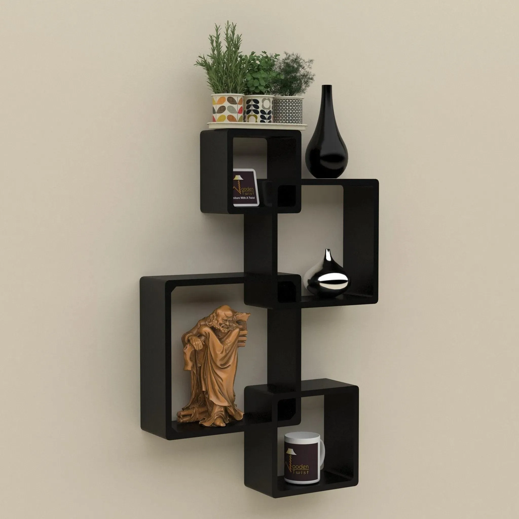 Wooden Twist Rafuf Intersecting Floating Wall Shelves with 4 Shelves