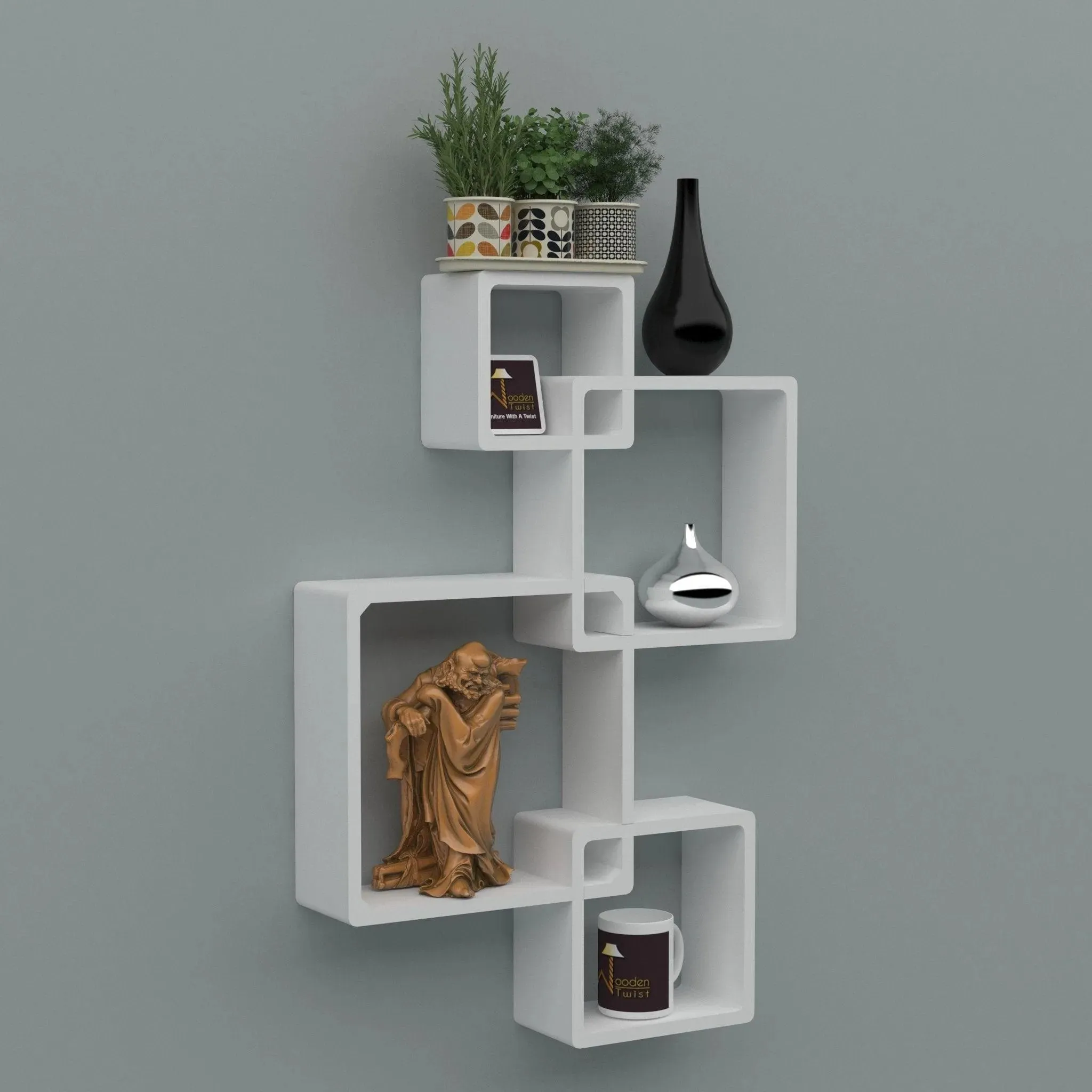 Wooden Twist Rafuf Intersecting Floating Wall Shelves with 4 Shelves