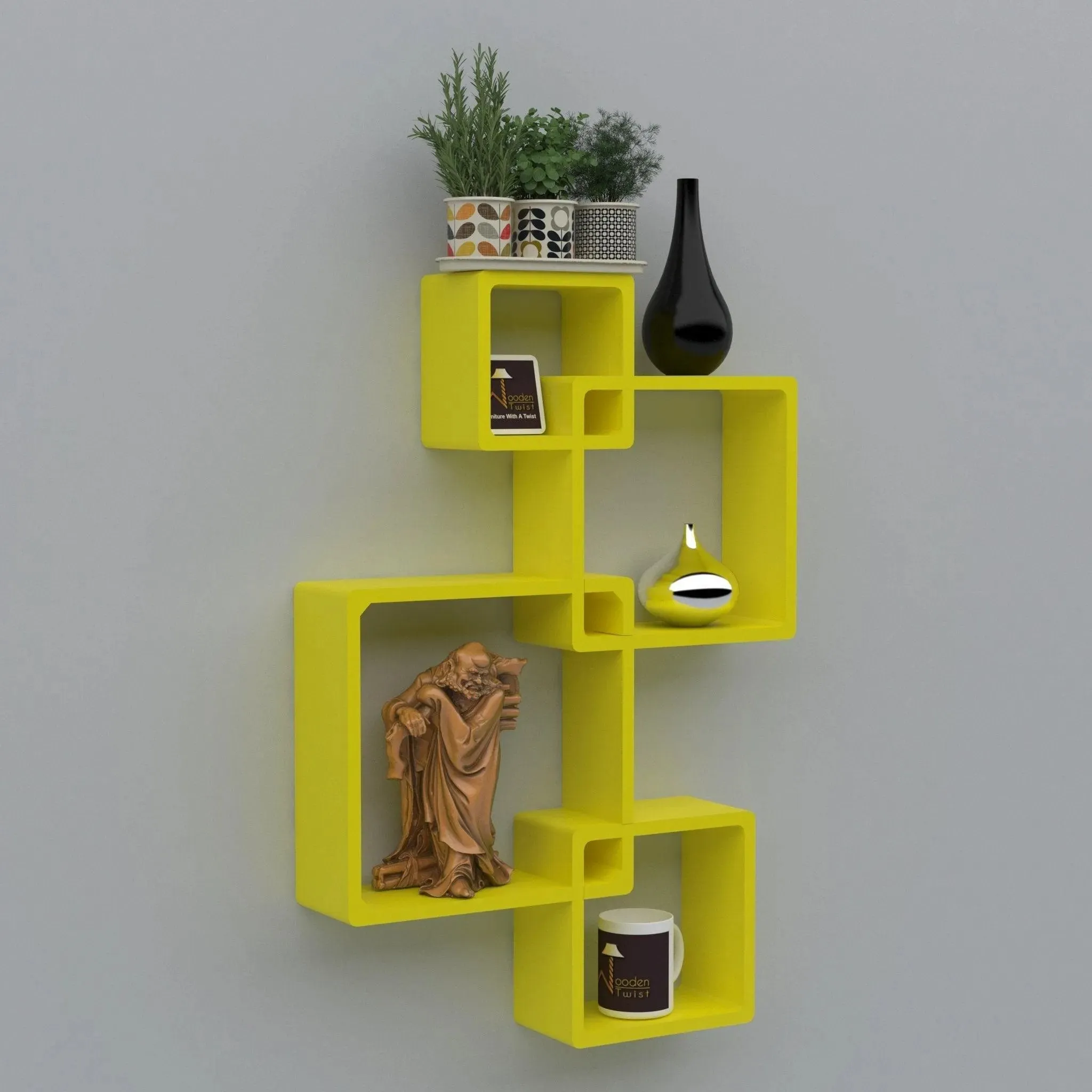 Wooden Twist Rafuf Intersecting Floating Wall Shelves with 4 Shelves